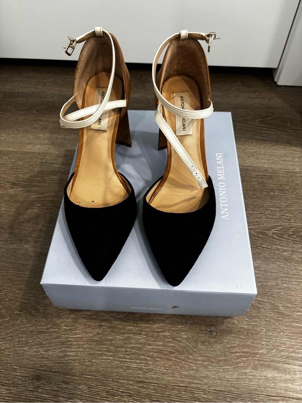 ANTONIO MELANI Black and Cream Pointed-Toe Ankle-Strap Pumps
